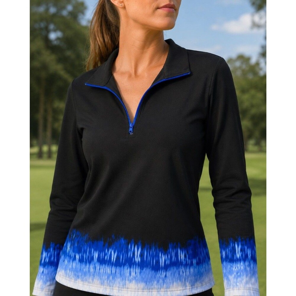 T by Talbots Womens XLP 1/4 Zip Golf Top Black Blue Tie Dye UPF 50 Thumbholes